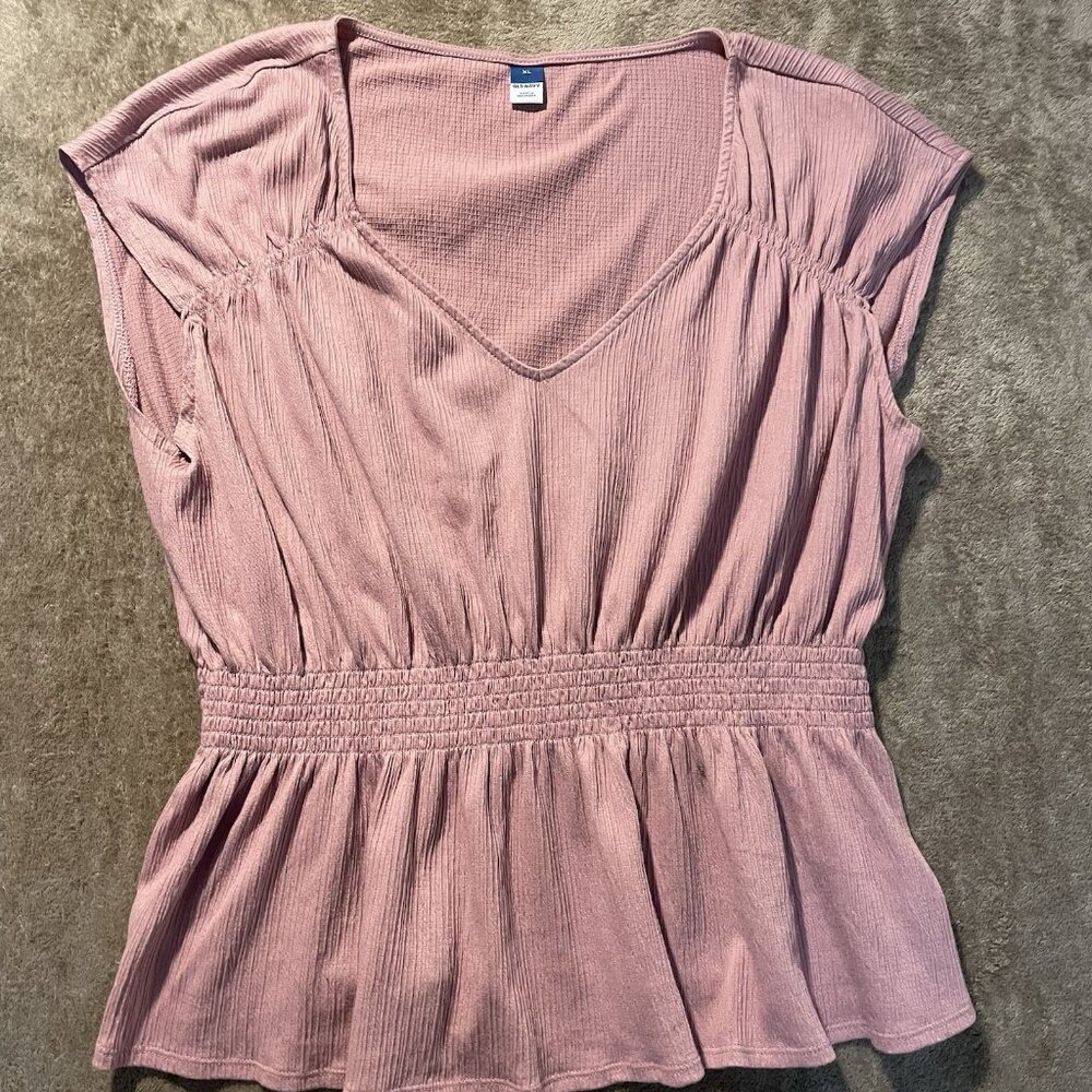 Old Navy Blouse Womens XL Pink Cap Sleeve Vneck Smocked Gartered Shirt Casual